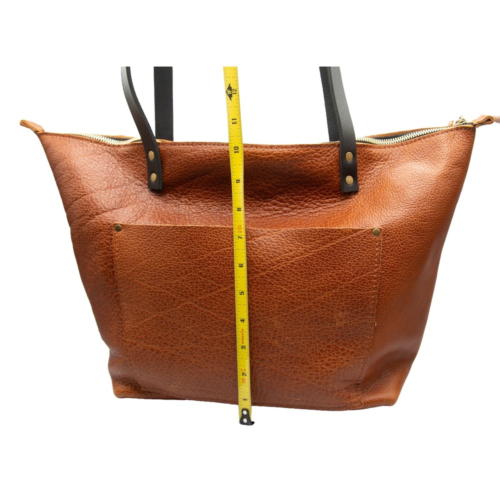 Portland Leather Tote Bag Cognac Brown Pebbled Zipper Top Shoulder Bag Large - Picture 11 of 11
